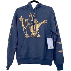 True Religion sz L heather blue gold pullover kangaroo pocket hoodie sweatshirt